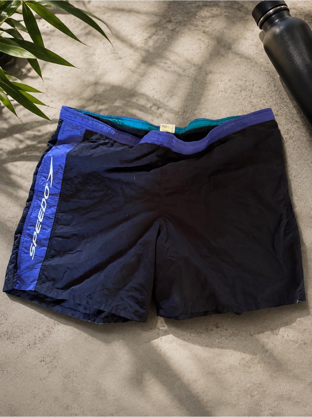 Speedo Vintage Swim Trunks Men’s Blue Black Colorblock Mesh Lined Retro Beach